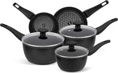 Prestige Thermo Smart Pots and Pans Sets Non Stick with Heat Indicators – Induction Hob Pan Set of 5, PFOA Free, Dishwasher Safe Cookware, Made In Italy, Black