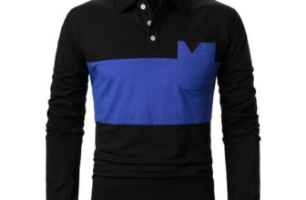 APAELEA Mens Black-Blue Patchwork Polo Shirt with Pocket