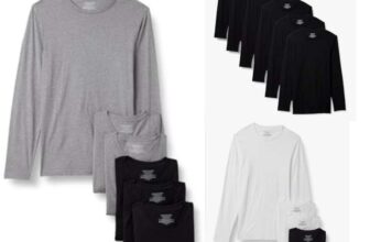 Amazon Essentials 6 pack Mens 100% Cotton Crew Neck Undershirts, Long Sleeves – sizes XS to XXL – Various colours – w/applied voucher