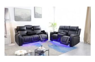 Black Leather Electric Recliner Sofa Set with LED, Bluetooth