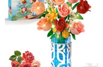 CUBIMANA Flower Bouquet Set with Vase & LED, 14 Roses