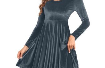 CheChury Womens Velvet A-Line Long Sleeve Mini Dress, Grey