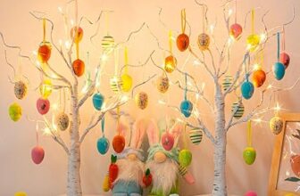 Eambrite Set of 2 Easter Tree with Colourful Egg Decorations, Birch Twig Tree with Lights Battery USB Powered, Easter Table Decorations Home Gifts for Kids (24 LEDs, 36 Eggs)