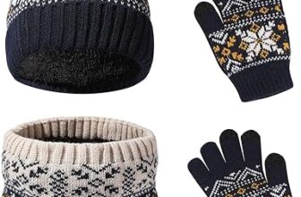 Kids Winter Hat Scarf Gloves, 3 in 1 Thermal Knit Hat Scarf Gloves with Double Layer Fleece Lining, Snow Pattern Cold Weather Set for Kids Boys Girls 2-7 Years
