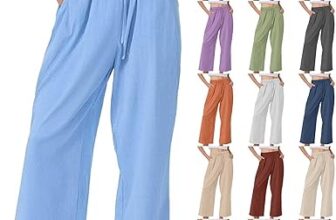 Linen Trousers Womens Casual Summer Loose Fit Lounge Pants with Pockets Fashion Elastic Waist Wide Leg Boho Ladies Cropped Trouser for Beach Holiday Wear