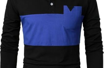 Mens Long Sleeved Polo Shirts Patchwork Color Top with Pocket