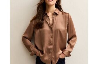 Petite Light Brown Satin Long Sleeve Shirt