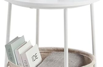 VASAGLE LET223W10 Small Round Coffee Table, Side Table with Fabric Basket, Storage for Living Room, Bedroom, Modern Style, Matte White and Camel Brown