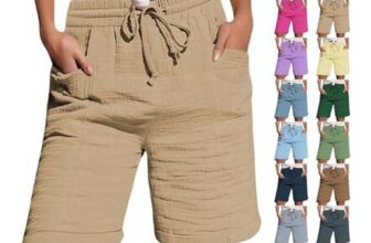 Womens Summer Linen Knee-Length Elastic Waist Shorts with Pockets