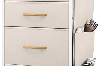 YITAHOME Chest of Drawers, Dresser with side pockets & hooks, Fabric 5 Drawers with Handles, Metal Frame, Wood Top, for Bedroom,Living Room,Hallway, Beige