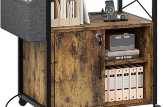 YITAHOME Wood Printer Stand with Sockets, Rolling Printer Desk with Shelf, Side Pocket, Lockable Filing Cabinet for Home Office, Brown