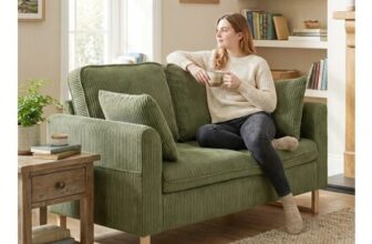 2 Seater Sofa, Corduroy Sofa W/ Spring Cushions 2 Pillows, Dark Green
