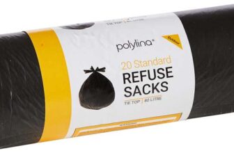 20 Tie Top Refuse Sacks Bin Bags, Recycled Plastic, Black, 80 Litre