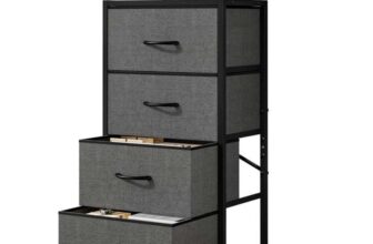 4-Drawer Fabric Dresser Chest with Wooden Top Metal Frame for Bedroom or Living Room – Black 28x43x77cm