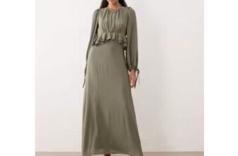 ASOS DESIGN Ruffle Waist Maxi Dress in Khaki