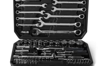 Amazon Basics 82-Piece Socket Set with Ratchets, Extenders & Bits – Includes Storage Case