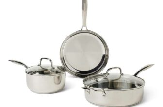 Amazon Basics Stainless Steel Cookware Set, 5-Piece Set, All Cooktop Friendly, Dishwasher-Safe