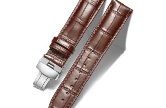 BINLUN Leather Alligator Pattern Watch Band 16mm Brown Butterfly Deployment Buckle