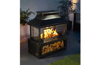 Black Outdoor Fire Pit Log Burner with Mesh Surround and Storage