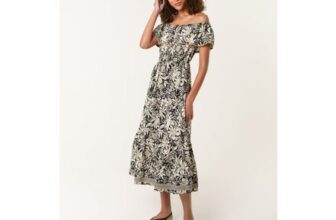 Blue Vanilla Black Gold Beaded Bardot Midi Dress