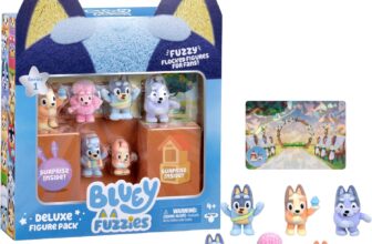 Bluey Fuzzies Deluxe Figure Pack. With 6 Specially Flocked Collectible Mini-Figures. Incl. 2 Surprise Figures (Blind Pack), Trading Card, and Collectors Guide. 80 to Collect in Series 1