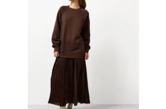Brown Sweatshirt Combined Plisse Midaxi Dress