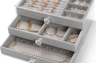 CHARMDI Acrylic Jewellery Box for Women with 3 Drawers, Girls Jewellery Storage with Dividers,Organiser box for Rings Bangle Bracelet Necklace and Earring Grey