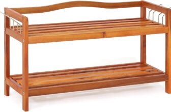 COSTWAY 2/3/5-Tier Shoe Rack, Acacia Wood Freestanding Shoe Shelf Storage Stand with Side Metal Hooks, Home Hallway Entryway Shoes Organiser Unit, Holds up to 12/18/30 Pairs (2 Tiers-74x26x42cm)