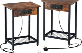 COSTWAY Bedside Tables Set of 2, Industrial Nightstand Sofa Side Table with Charging Station, 2 AC Outlets, 2 USB Ports and Storage Shelf, Narrow Accent End Table for Living Room Bedroom, 40x30x54cm