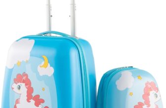 COSTWAY Kids Luggage Set, 2Pcs Backpack & Suitcase with Wheels and Height Adjustable Handle, Hard Shell Travel School Trolley Case for Boys Girls (BlueOrange, 1216 Unicorn)