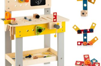 COSTWAY Wooden Kids Workbench, Childrens Tool Bench with Blackboard, Saw, Hammer, Screwdriver, Wrench, Toddlers Construction Pretend Role Play Toy Set for Ages 3