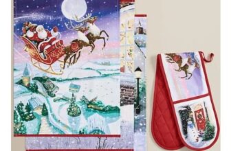 Christmas Scene Tea Towel & Oven Glove Pack of 4 (FREE C&C)