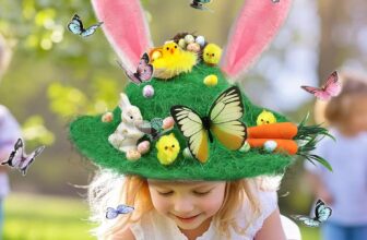 Easter Bonnet Kit Hat for Boys Girls Kids Gifts, Handmade DIY Decorations Make Your Own Hat for Easter Egg Hunt Activity with Craft Set Chicks Bunny Carrots Eggs Nests Grass Butterfly Cartoon Cap