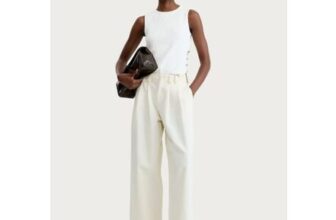 F&F Pure Cotton Pleated High Rise Wide Leg Trousers in Ecru