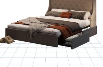 FLEXISPOT Double Bed Frame Upholstered Platform 4 Drawers Storage and Headboard, Sturdy Wood Slat Support, No Box Spring Needed, Easy Assembly, Double Bed Frame Gray 145 200CM