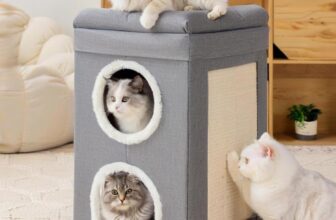FURRYPAWS Cat House Indoor 2 Layer Cats Cave with Scratching Board, Multi-Level Kitten Bed for Indoor Cats, Cozy Cat Igloo Bed with Soft Velvet Spacious for Small & Medium Pets Grey