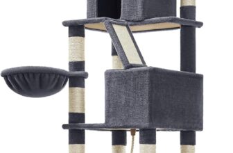 Feandrea Cat Tree, 206 cm Large Cat Tower Condo with 13 Scratching Posts, 1 Scratching Ramp, 2 Perches, 2 Caves, Basket, Hammock, Pompoms, Smoky Grey PCT190G01V1