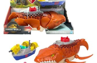 Fisher-Price Imaginext Jurassic World Rebirth Aquachomp Chase Mosasaurus 18-inch Dinosaur Toy with 3-inch Action Figure, Launcher Boat