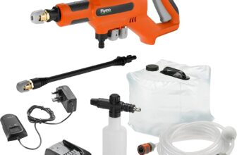 Flymo EasiClean Li Plus Portable Pressure Cleaner – 18V Battery with Charger, 200l/h Flow Rate, 6m Hose Length, 3 Nozzle Attachments, Foam Dispenser, 20L Collapsible Water Tank