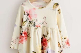 Girls Cream Floral Long Sleeve Ribbed Dress from £3.50 to £4.50 (3mths-7yrs) – free click and collect