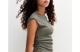 Girls Khaki Textured Jersey Ruched Side Asymmetric Top