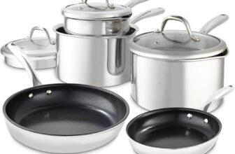 Good Food in Partnership with Tower Tri-Ply 5 Piece Cookware Set with 16cm, 18cm & 20cm Saucepans with Tempered Glass Lids, 20cm & 28cm Frying Pans, Induction Compatible, Stainless Steel