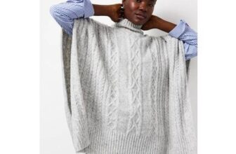 Grey High Neck Cable Knitted Poncho One Size