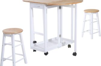 HOMCOM 3 Pieces Dining Room Set, Mobile Foldable Dining Table and 2 Stools with Storage Shelf, 2 Drawers and 6 Wheels, Drop Leaf Bar Table and Stools for Home Kitchen Pub, White