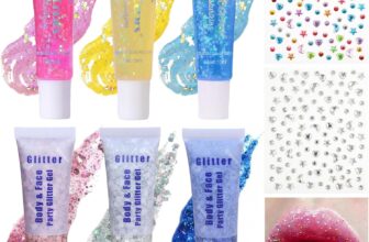 Hair Glitter, 3 Pcs Hair Glitter Gel, 3 Pcs Pearlescent Tinted Lip Oil and 2 Sheets Stick on Gems, Sparkling Festival Party Lotion Glitters for Face, Body, Nail DIY Art, Parties