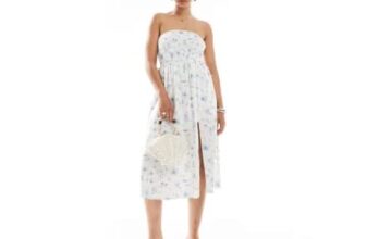 Hollister Strapless Drop Waist Panelled Midi Dress in Blue Floral Print