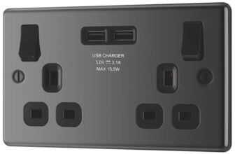 LAP 13A 2-Gang SP Switched Socket 3.1A 15.5W 2-Outlet Type A USB Charger Black Nickel with Black Inserts
