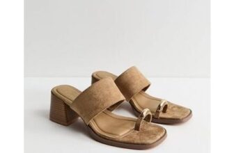 Light Brown Faux Suede Metal Toe Loop Block Heel Mules