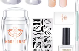 MODELONES French Tip Nail Stamp – 7Pcs Silicone Nail Art Stamper Kit w/ Replacement French Nail Stamper Head, Nail Stamping Plate, 15ml Transfer Oil French Manicure Kit Home DIY Nail Art Salon, Pink