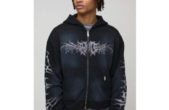 Man Black Oversized Premium Man Gothic Spray Wash Zip through Hoodie